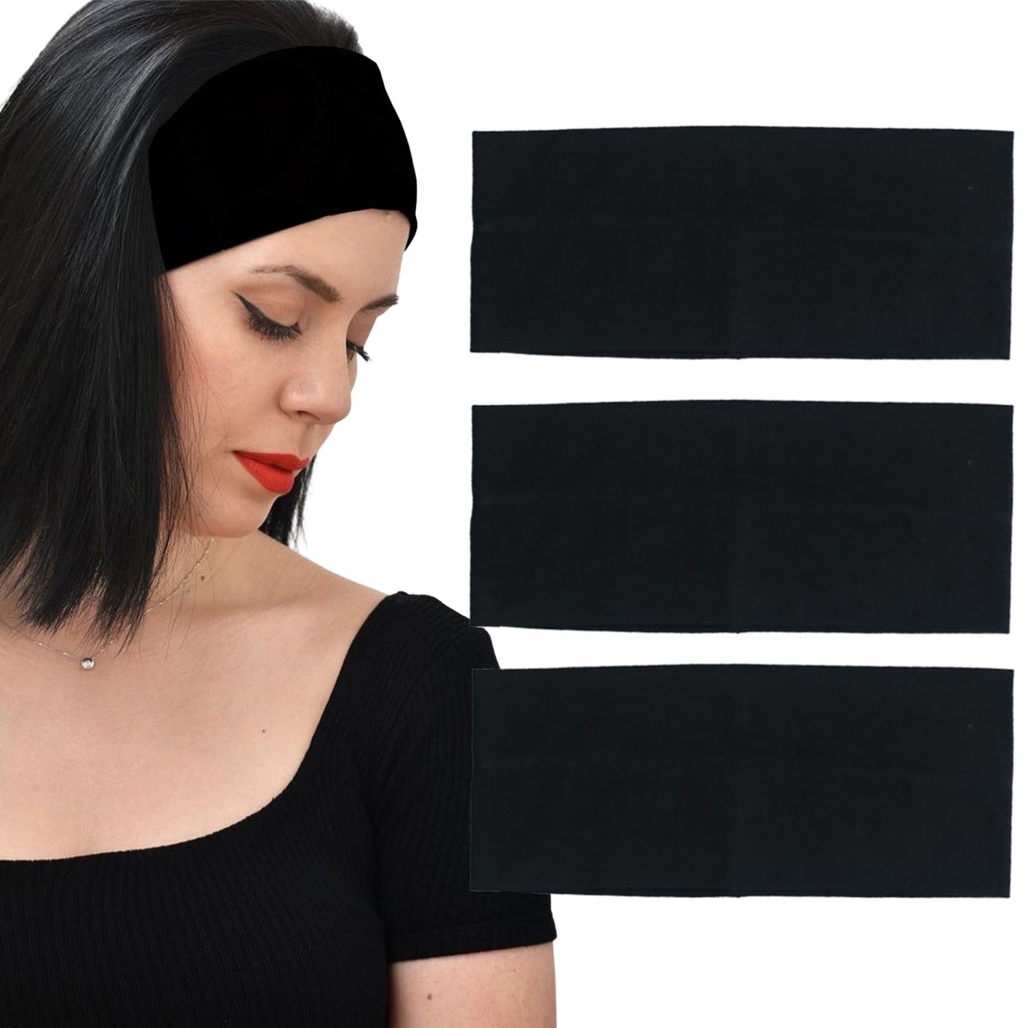 MLMOMVME Headbands for Women 3 Pcs Black Wide Cotton Non-slip Stretchy Elastic Head Wrap Holder Hair Accessories