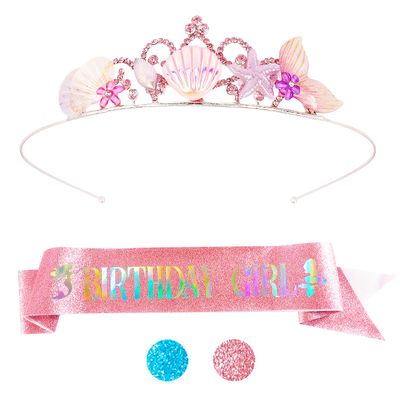 Didder Mermaid Birthday Outfit - Pink Sash, Crown, and Party Decorations Gift for Girls