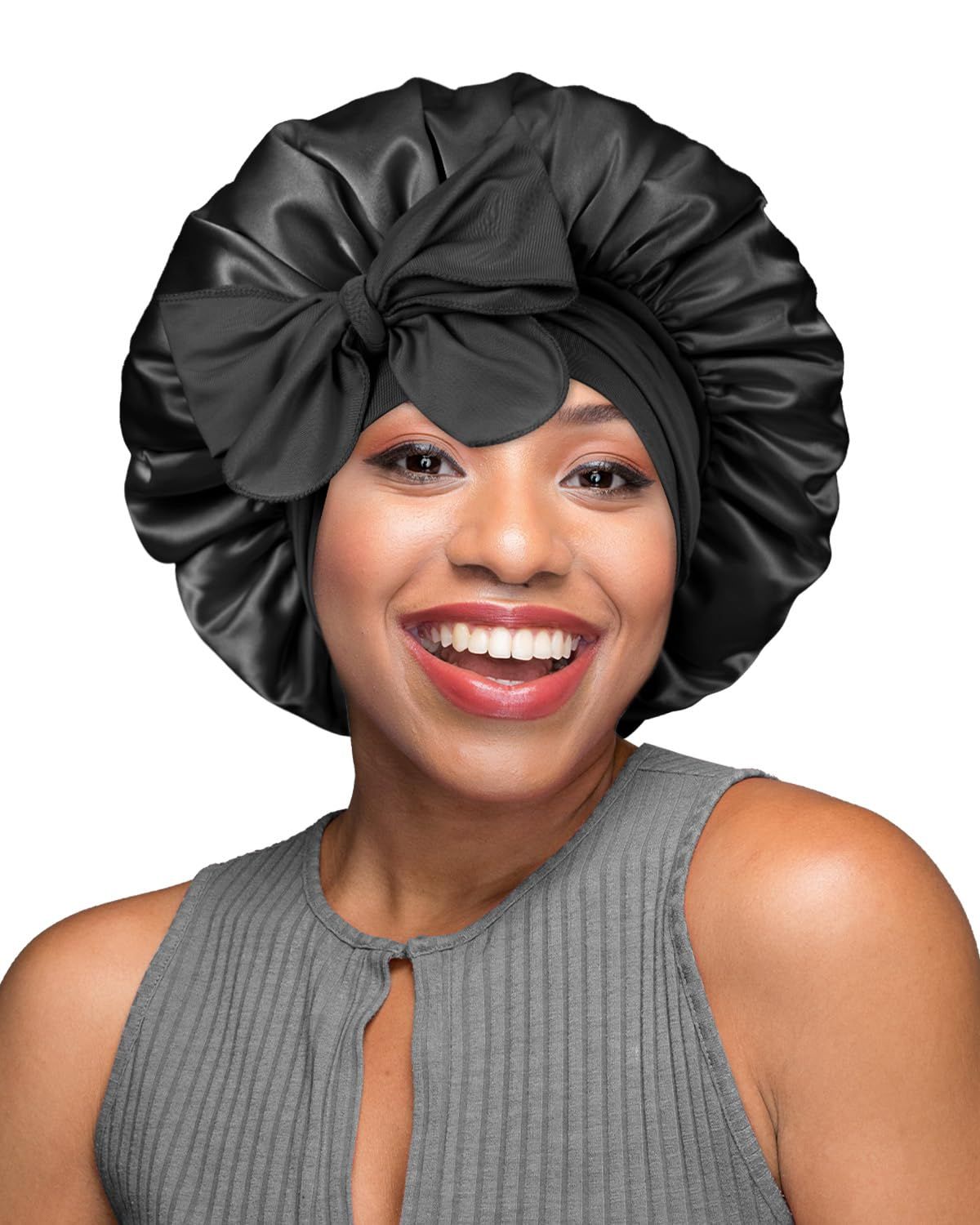 BONNET QUEEN Silk Bonnet for Sleeping Double Layer Satin Bonnet Reversible Bonnet with Tie Band Hair Bonnet Sleep Cap for Women Curly Hair,Black+Grey