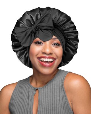 BONNET QUEEN Silk Bonnet for Sleeping Double Layer Satin Bonnet Reversible Bonnet with Tie Band Hair Bonnet Sleep Cap for Women Curly Hair,Black+Grey