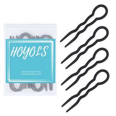 Hoyols 12 Pcs French Hair Pins for Women, 3.5 Inch Small U Shaped Hair Fork Sticks for Buns, Wavy Crink Plastic No-Damage Chignon Updo Accessories Black