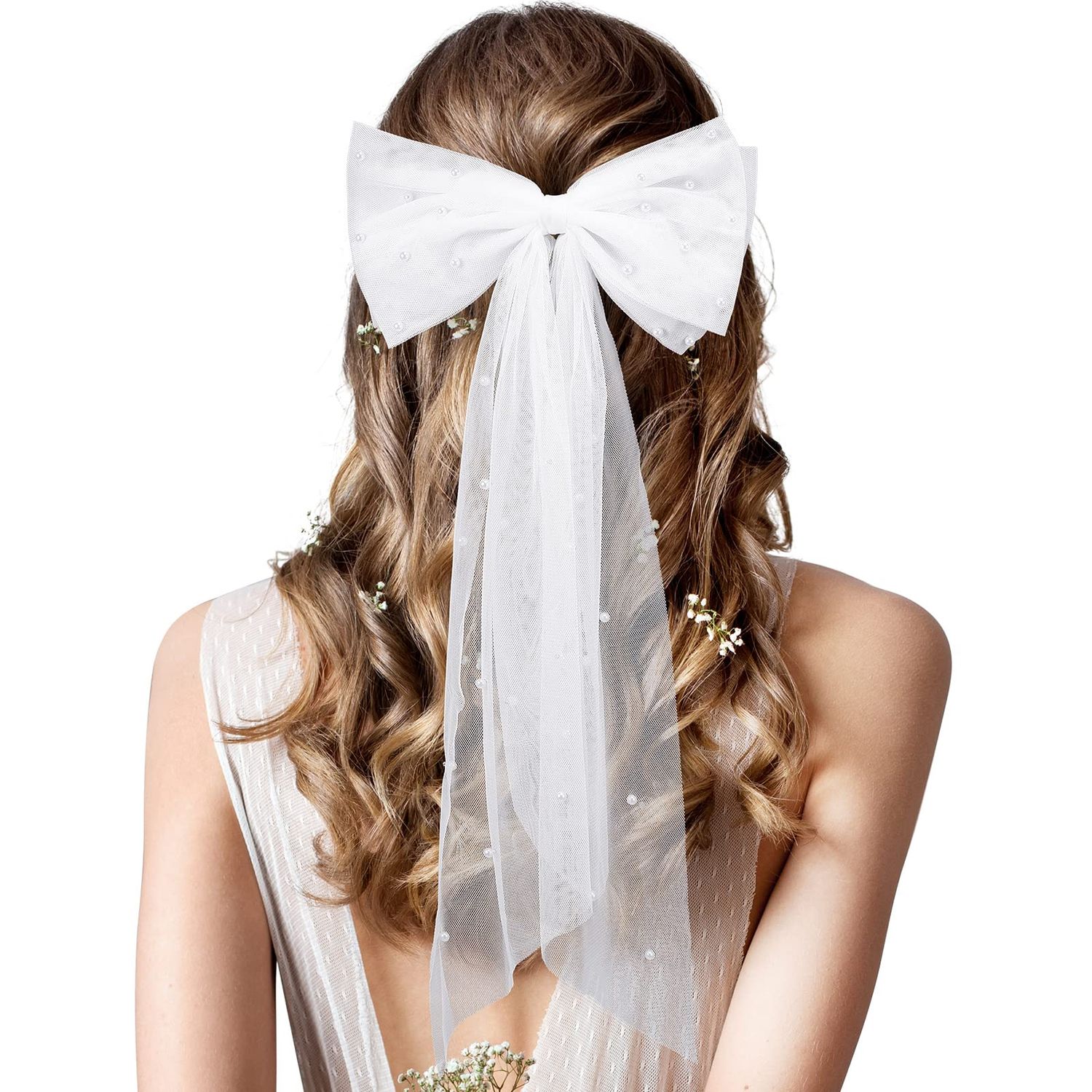 Juinte Bridal Hair Bow Veil Bachelorette Party Pearl Hair Clip Wedding Veil Bride Accessories Bridesmaid Favors Large Bow with Barrette Bachelorette Party Decorations (White, Pearl)