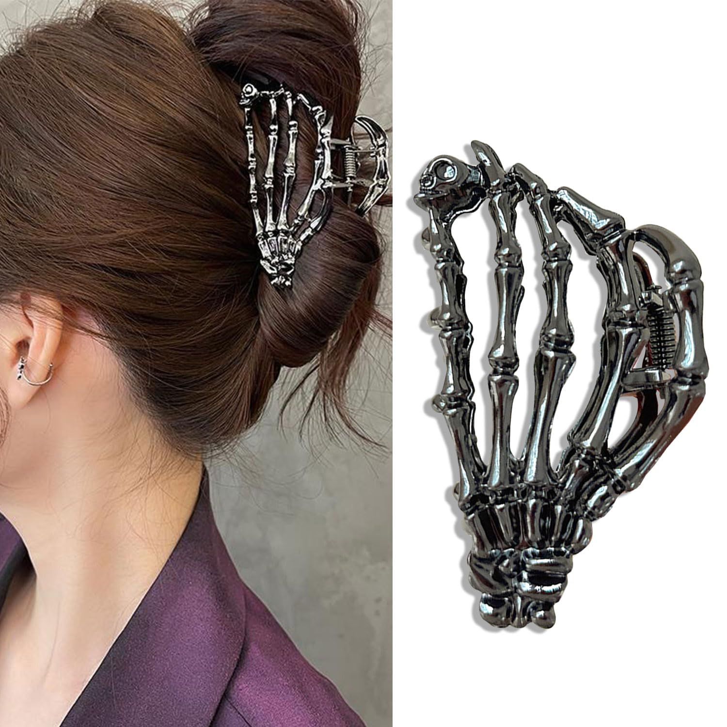 Muumoo Metal Skull Hand Hair Clip, 1Pcs Gunmetal Hair Claw Clip for Thin Hair Punk &amp; Y2K-Style