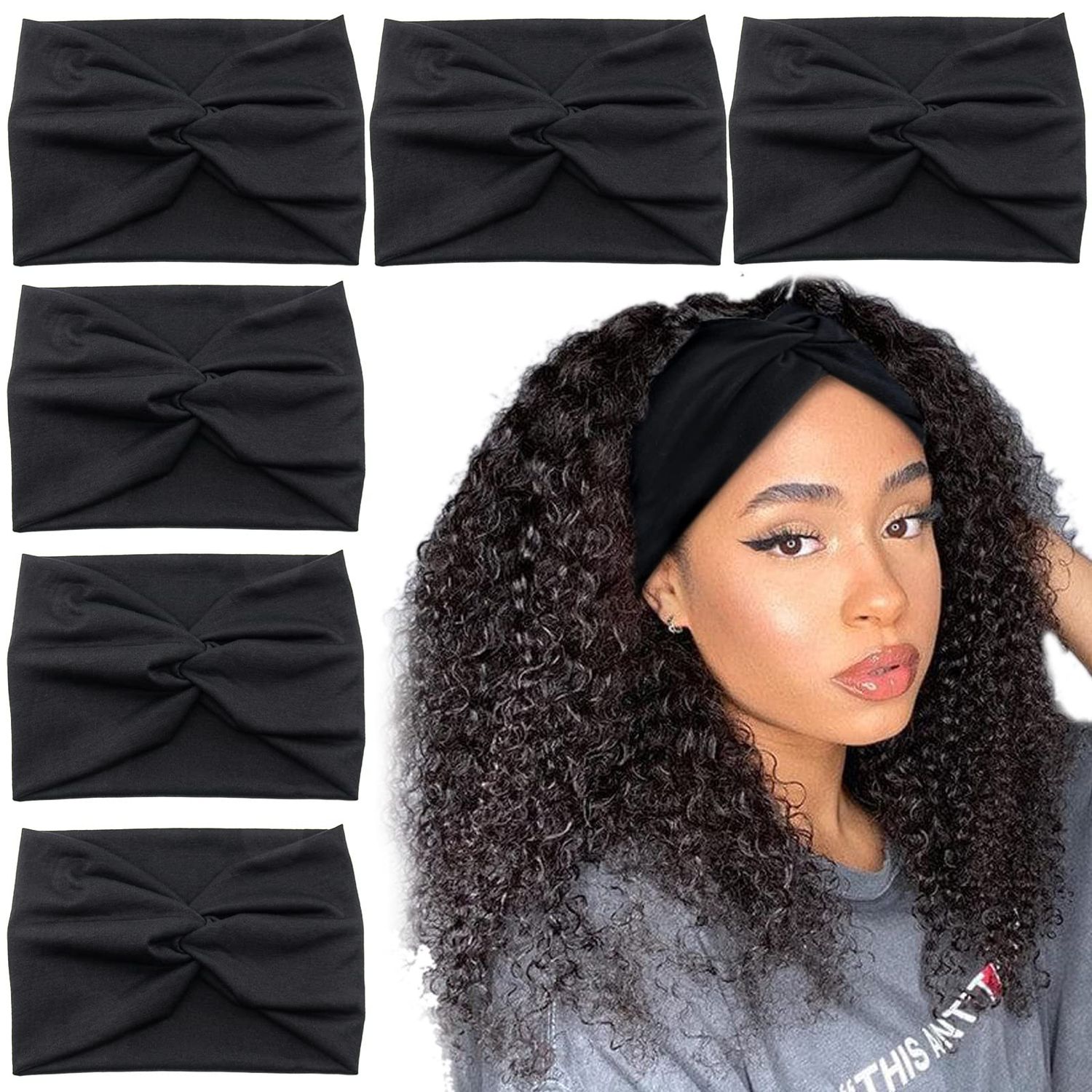 Carede Wide Headbands for Women, Black Turban Headband Stretchy Twisted Head Wraps for Girls Yoga Workout Sports Head Bands For Women&#39;s Hair,Pack of 6