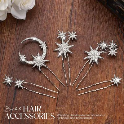Unicra Star Moon Bride Wedding Hair Pins Crystal Bridal Hair Pieces Rhinestone Goddess Hair Accessories for Women and Girls (Pack of 5) (Silver)