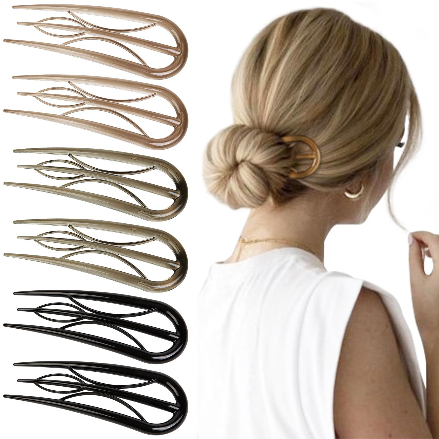 French Hair Pin for Women, 6 Pcs U-Shaped French Pin Flat Hair Clips for Women, French Hair Pins Strong Hold Hair Accessories for Buns, French Twist Hair Pin for Thick Hair, Hair Fork Hair Sticks