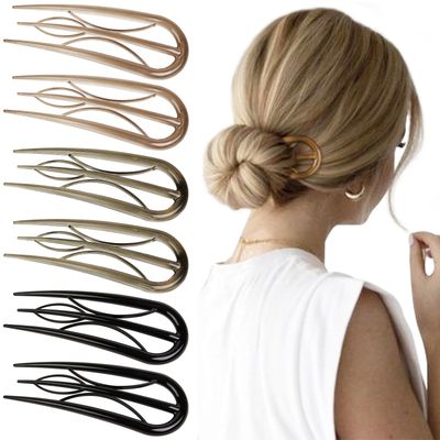 French Hair Pin for Women, 6 Pcs U-Shaped French Pin Flat Hair Clips for Women, French Hair Pins Strong Hold Hair Accessories for Buns, French Twist Hair Pin for Thick Hair, Hair Fork Hair Sticks