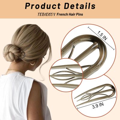 French Hair Pin for Women, 6 Pcs U-Shaped French Pin Flat Hair Clips for Women, French Hair Pins Strong Hold Hair Accessories for Buns, French Twist Hair Pin for Thick Hair, Hair Fork Hair Sticks