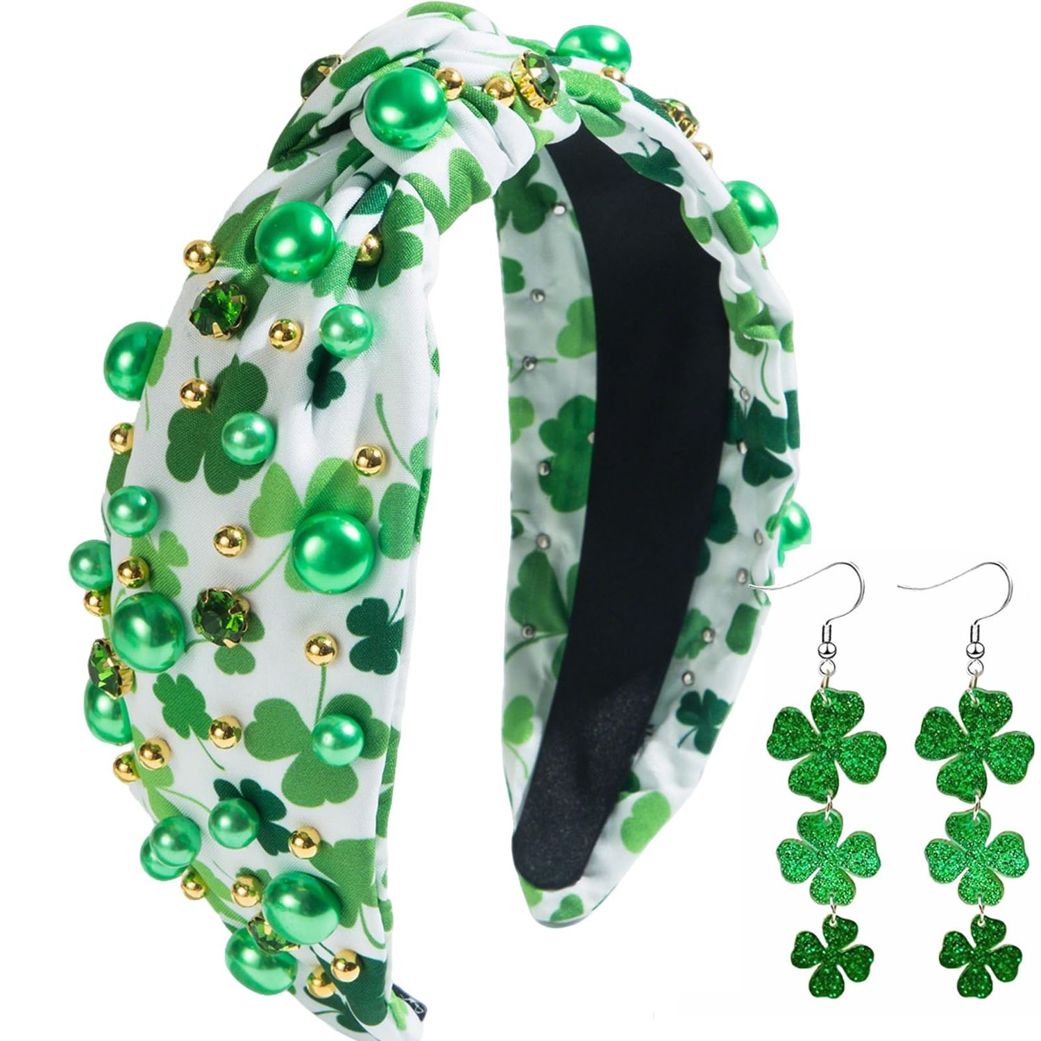 LUCKATE St Patricks Day Headband &amp; Earrings for Women Green Irish Pearl Knotted Headband Jeweled Hairband Wide Headpieces Hair Accessory Green Day Party Costume Headwear Accessories