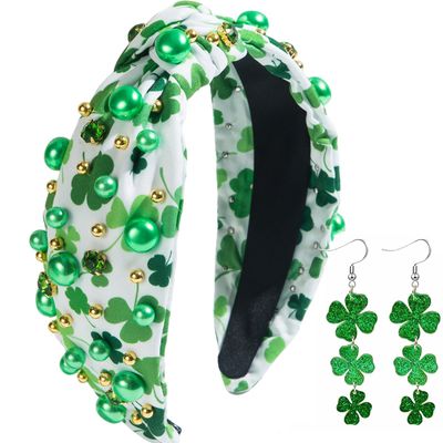 LUCKATE St Patricks Day Headband &amp; Earrings for Women Green Irish Pearl Knotted Headband Jeweled Hairband Wide Headpieces Hair Accessory Green Day Party Costume Headwear Accessories