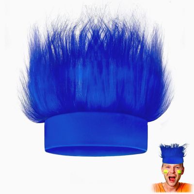 Novelty Place Blue Hairy Costume Headband - Fun and Fuzzy Crazy Hair Wig Troll Hair Costume Accessories - Perfect for Sports Parties, Costume, Cosplay, and Halloween - Fit Kids, Teens and Adults