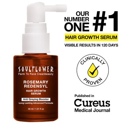 Soulflower Rosemary Redensyl Hair Growth Serum | 3% Redensyl, 4% Anagain, Melanogray, Caffeine, Biotin, Keratin, Tea Tree, Chia Seeds, Rice Water | Men, Women | 30 ml (Pack of 1)