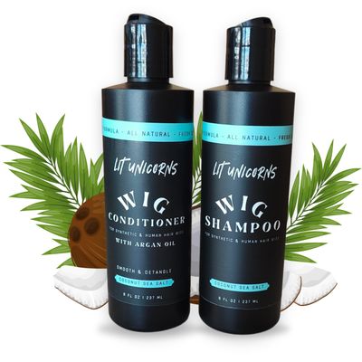 LIT UNICORNS All Natural Wig Shampoo &amp; Conditioner Set for Human Hair and Synthetic Wigs. Clean | Detangle | Soften. Keep Your Wig Fresh - Coconut Scent