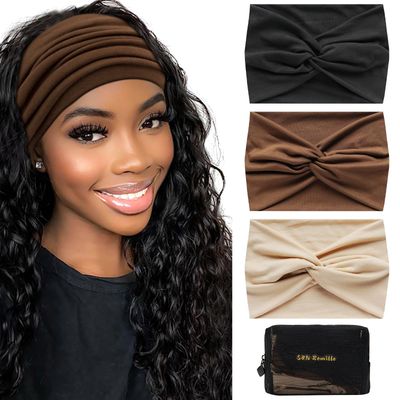 S&amp;N Remille Wide Headbands for Women, Large Hairband, Elastic Non-Slip Headband Twist Knotted Accessories, Yoga Workout Vintage Hair 3 Pack (Colour-8)