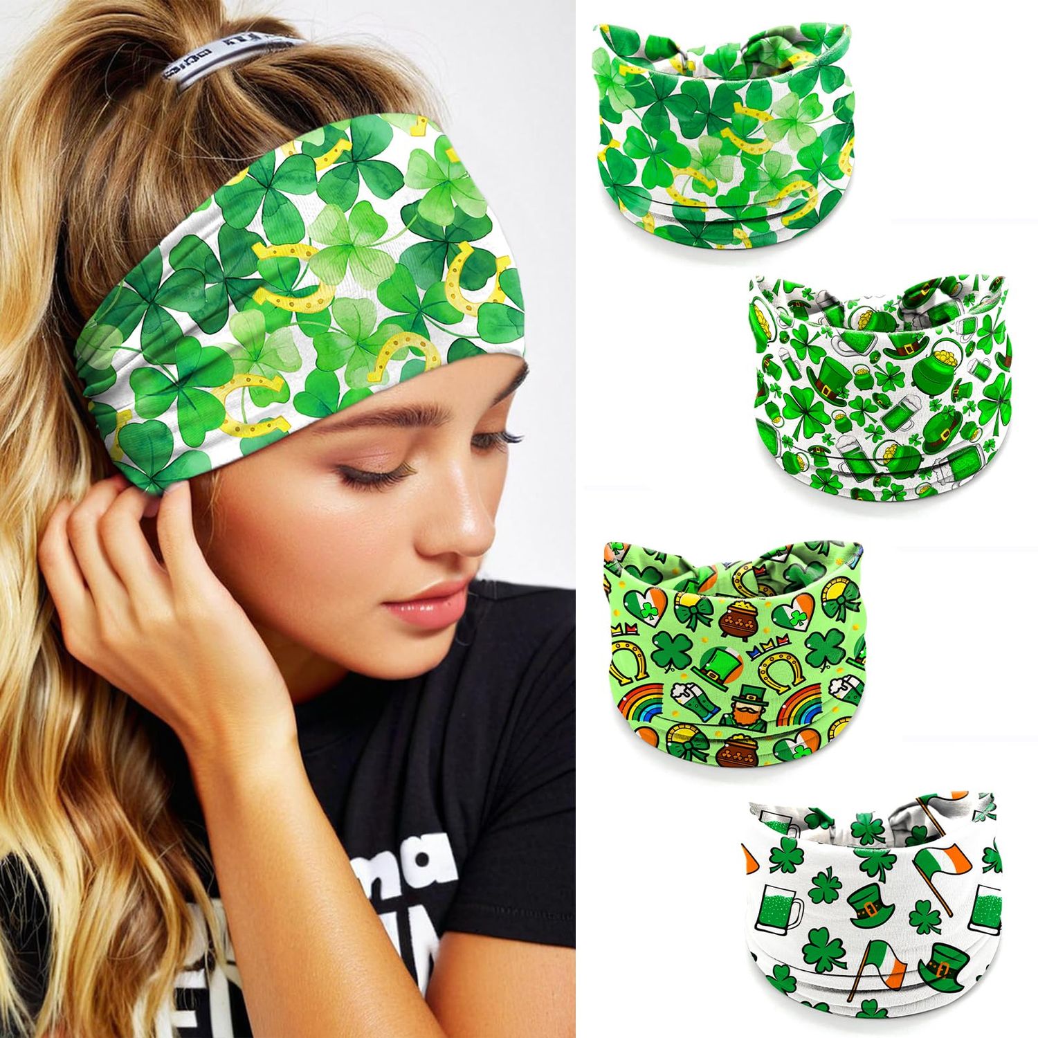 4 Pcs St. Patrick&#39;s Day Headbands for Women, Green White Wide Turban Dress Up Costume Breathable Stretchy Non Slip Head Wrap, Clover Hat Printed Holiday Spring Summer Hair Band for Yoga Running Party