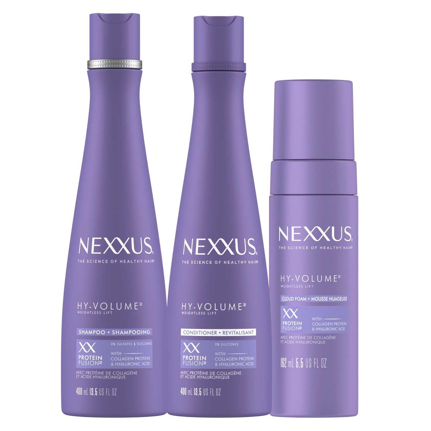 Nexxus HY-VOLUME Weightless Lift Shampoo, Conditioner &amp; Foam 3 Pack PROTEIN FUSION with Collagen Protein &amp; Hyaluronic Acid For Flat &amp; Limp Hair for 48 Hours of Volume 13.5 fl oz &amp; 5.5 fl oz