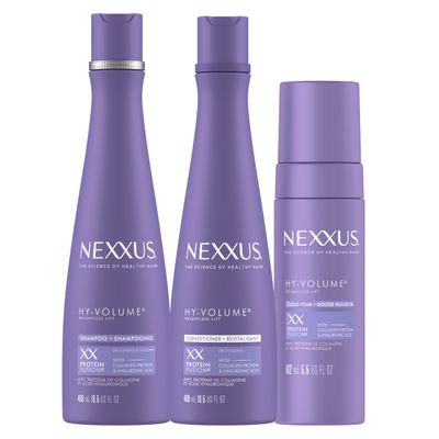 Nexxus HY-VOLUME Weightless Lift Shampoo, Conditioner &amp; Foam 3 Pack PROTEIN FUSION with Collagen Protein &amp; Hyaluronic Acid For Flat &amp; Limp Hair for 48 Hours of Volume 13.5 fl oz &amp; 5.5 fl oz