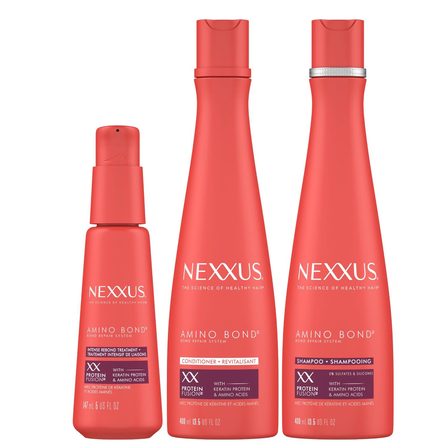 Nexxus Bond Repair Shampoo, Conditioner &amp; Intense Rebond Treatment Bundle Amino Bond 3 Pack for All Types of Damaged Hair, with Keratin Protein and Amino Acids,