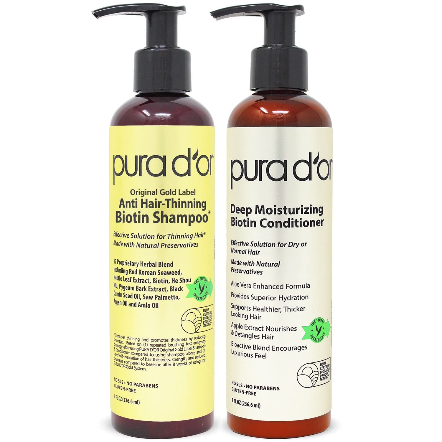 PURA D'OR Anti-Thinning Biotin Shampoo and Conditioner Natural Earthy Scent, CLINICALLY TESTED Effective Results, Herbal Blend Thickening Products For Women &amp; Men, Original Gold Label Set, 8oz x2