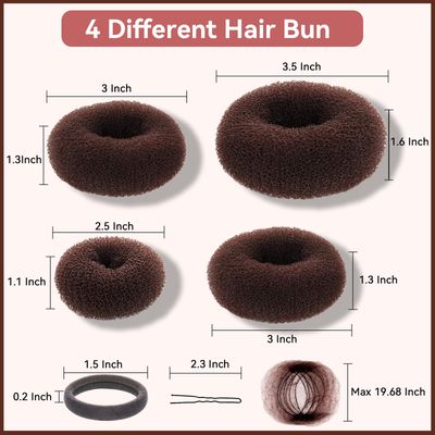 YaFex Hair Bun Maker Kit, Donut Bun Maker 4 Pieces (1 Large, 2 Medium and 1 Small), 10 pieces hair nets, 6 Pieces Elastic Hair Ties, 20 Pieces Hair Bobby Pins, Brown