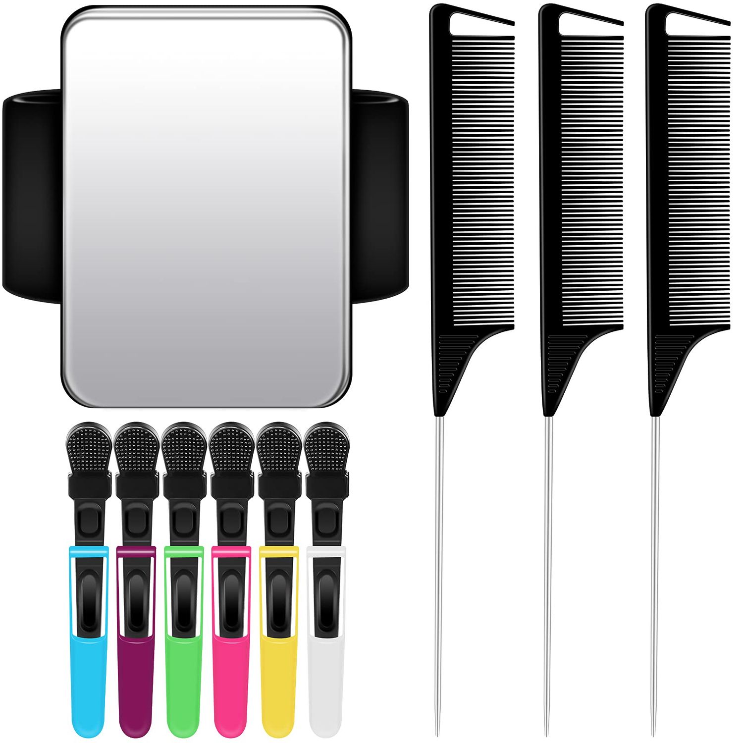 Geiserailie Hair Styling Tools Magnetic Gel &amp; Silicone Wristband for Stylists and Braiders, Black Wrist Strap, With 3 Rat Tail Combs and 6 Plastic Clips
