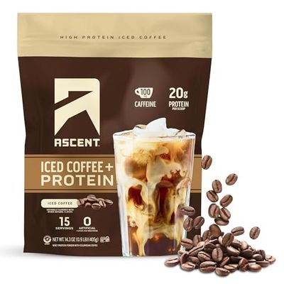 Ascent Iced Coffee Protein Powder - High Protein Coffee Powder, 20 g Protein &amp; 100 mg Caffeine from Premium Colombian Coffee, Zero Artificial Flavors &amp; Sweeteners - 15 Servings