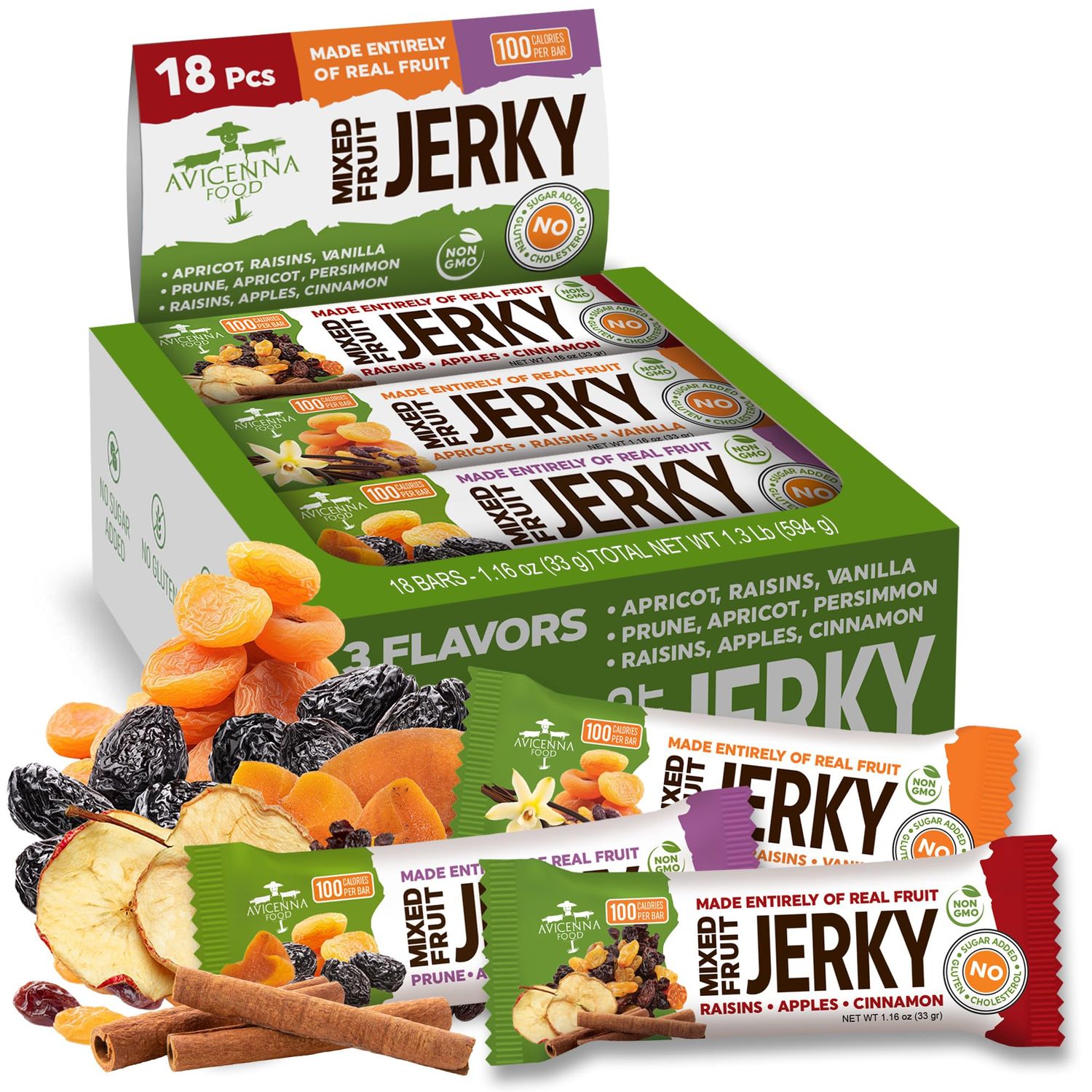 AVICENNA FOOD Variety Pack Natural Fruit Bar, No Added Sugar, Gluten Free, Non GMO, High Fiber Healthy Snacks for Adults and Kids, dried Fruit Jerky (18 Pack)