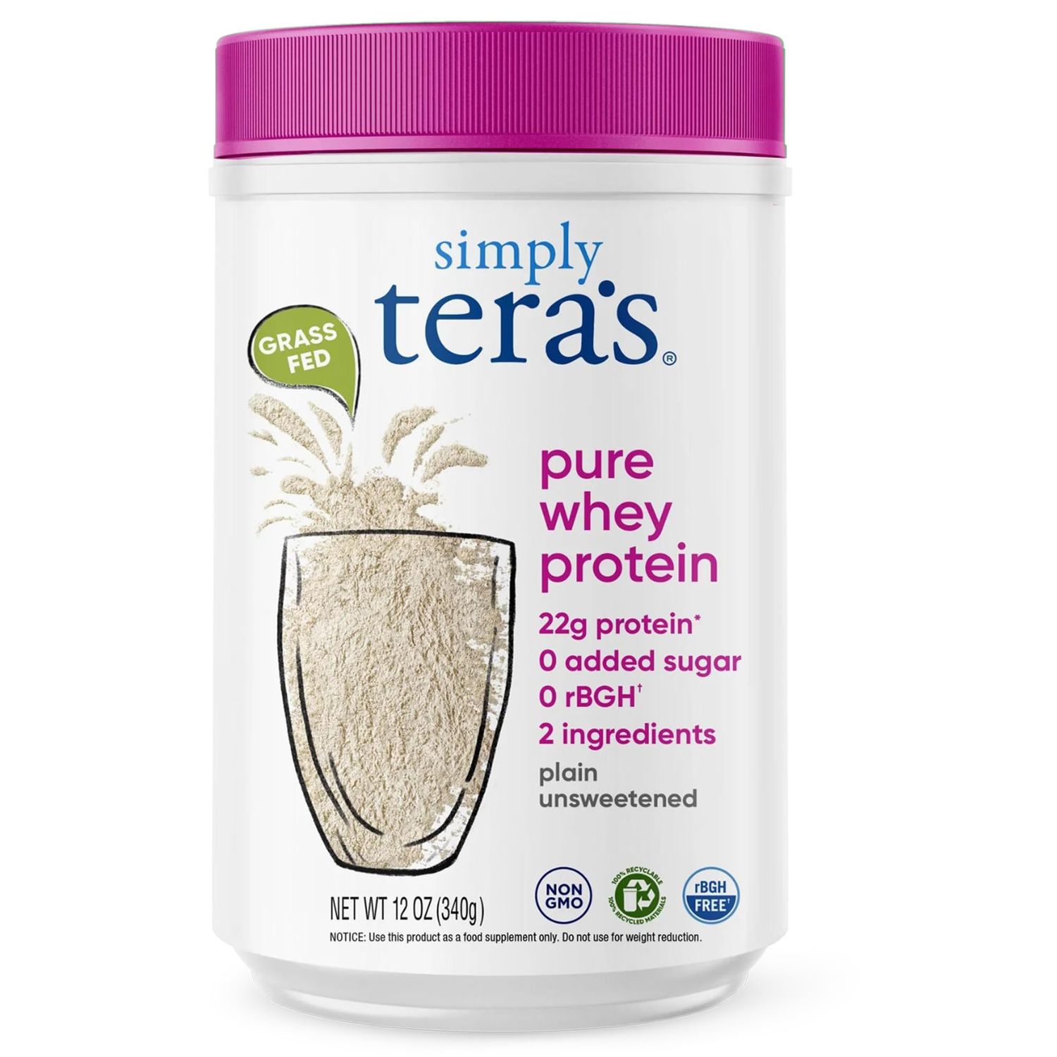 Simply tera&#39;s Pure Whey Protein Powder - Grass Fed Whey Protein Powder, Clean Protein Powder, Natural Protein Powder with Whey Protein, Unflavored Protein Powder, Non-GMO, Kosher, Unsweetened - 12 Oz
