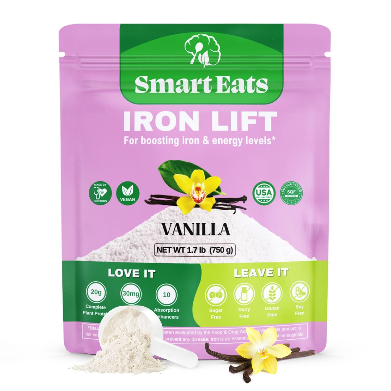 Smart Eats - High Iron Drink &amp; Smoothie Powder with Protein, Vitamins, Fiber, Antioxidants  Support Energy, Hair, Brain, Blood  Gentle, Non-Constipating  Vegan, Keto  Vanilla Flavor  30 Scoops