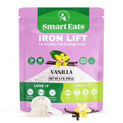 Smart Eats - High Iron Drink &amp; Smoothie Powder with Protein, Vitamins, Fiber, Antioxidants  Support Energy, Hair, Brain, Blood  Gentle, Non-Constipating  Vegan, Keto  Vanilla Flavor  30 Scoops