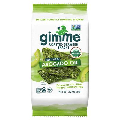 Gimme Seaweed Organic Premium Roasted Seaweed Snacks, Sea Salt &amp; Avocado Oil, 9g Sharing Pack (Single) Keto, Vegan, Gluten-Free, Source of Omega3s &amp; Iodine, Healthy On-The-Go Snack for Kids &amp; Adults