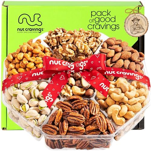 NUT CRAVINGS Gourmet Collection - Easter Treats, Mixed Nuts Gift Basket  Heart Ribbon (7 Assortments) Arrangement Platter, Birthday Care Package - Healthy Kosher USA Made