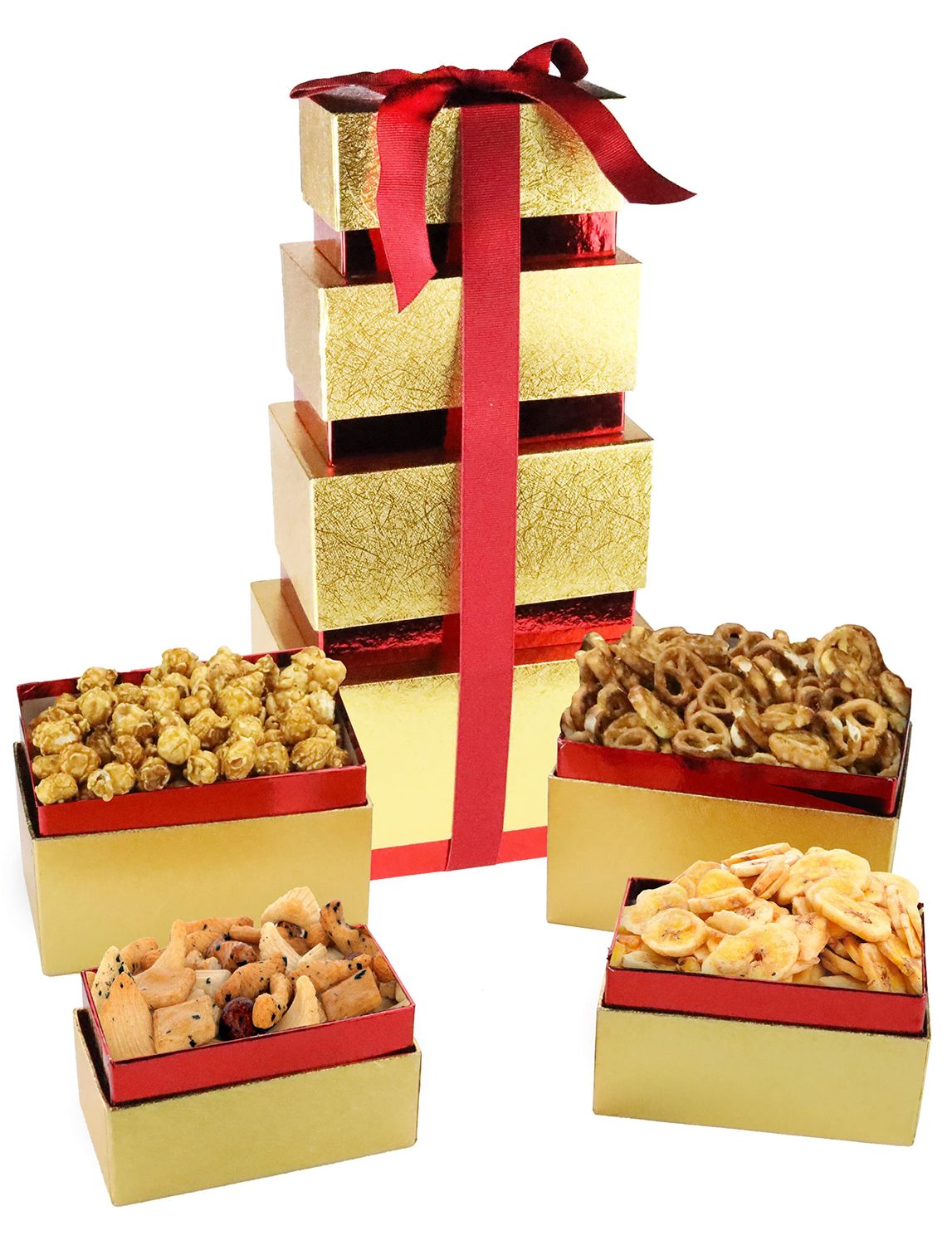 Gifts Tower Box, Mini Pretzel, Butter Toffee Popcorn, Banana Chips , Oriental Rice Cracker, Great Gift, Birthday Party, Holiday Gifts for Students, Coworkers, Family, Boy, Girl, Women and Men