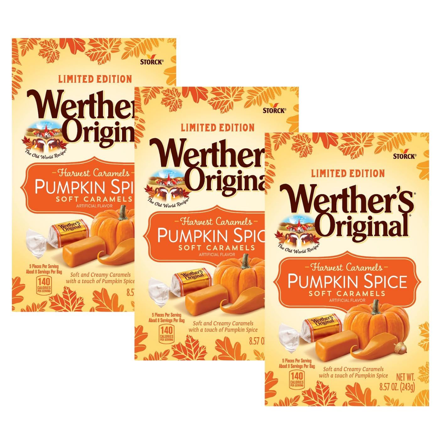 Werther&#39;s Original Harvest Pumpkin Spice Caramel Soft Candy - Soft and Creamy, Individually Wrapped, Perfect for Sharing, Delicious Fall Flavor, Old World Recipe - 8.75 Oz Bag (Pack of 3)