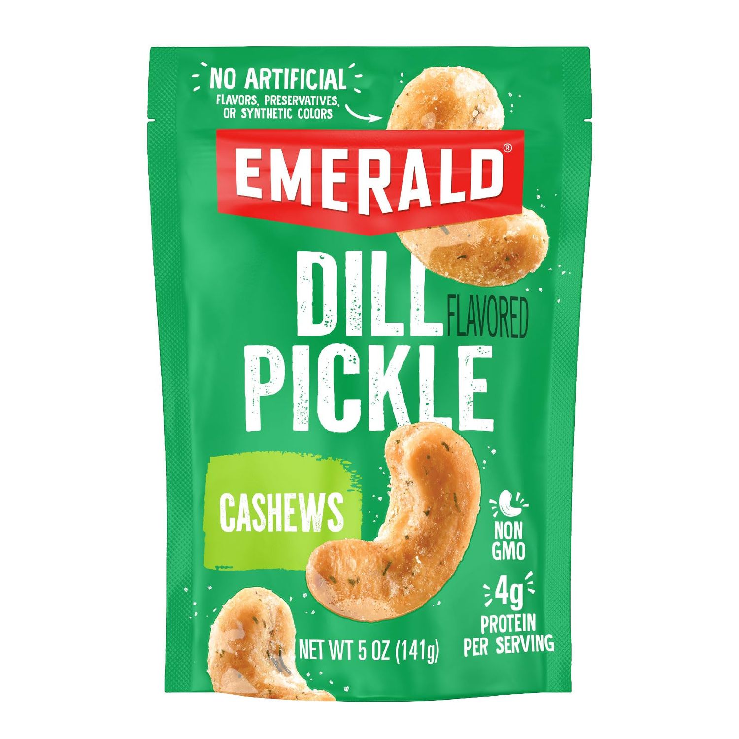 Emerald Nuts Dill Pickle Seasoned Cashews (1-Pack), 5oz Resealable Bag, Non-GMO, Contains No Artificial Preservatives, Flavors or Synthetic Colors
