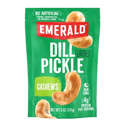 Emerald Nuts Dill Pickle Seasoned Cashews (1-Pack), 5oz Resealable Bag, Non-GMO, Contains No Artificial Preservatives, Flavors or Synthetic Colors