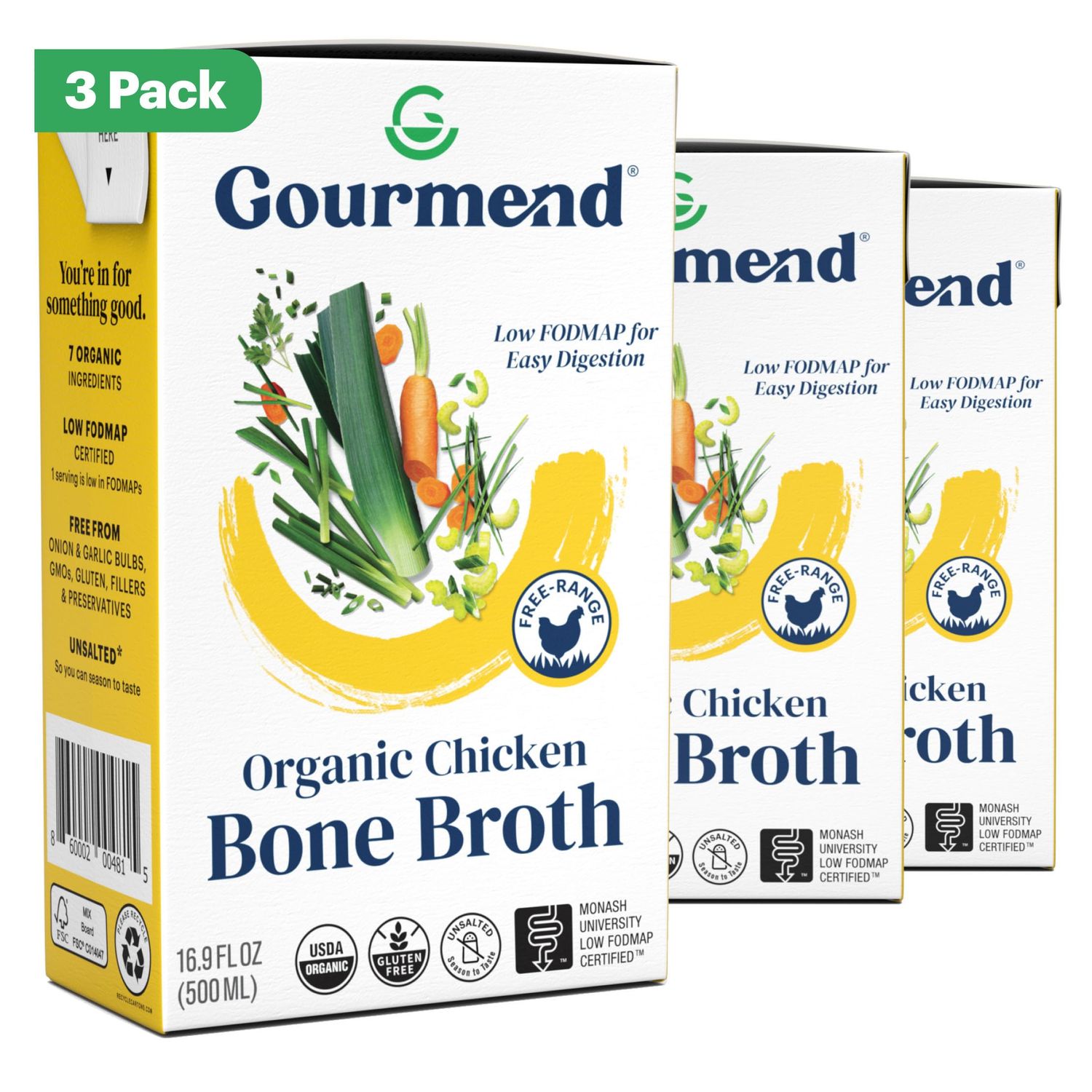 Organic Unsalted 16.9oz Chicken Bone Broth (3 Pack) - 7 Ingredients, Low FODMAP Certified, Filler Free, Gluten Free, Onion &amp; Garlic Bulb Free