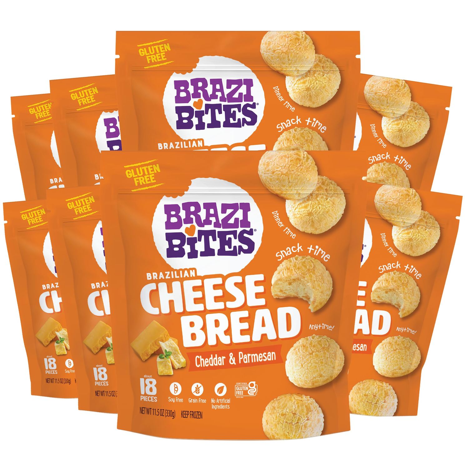 Brazi Bites Gluten-Free Brazilian Cheese Bread: Cheddar &amp; Parmesan  Vegetarian Frozen Bread Snacks  Soy-Free  No Artificial Ingredients  No Preservatives  11.5 oz. pouches (8-pack)