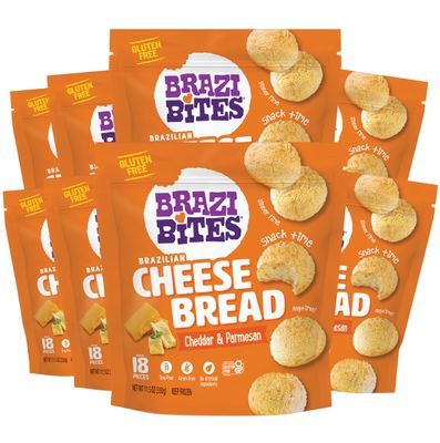 Brazi Bites Gluten-Free Brazilian Cheese Bread: Cheddar &amp; Parmesan  Vegetarian Frozen Bread Snacks  Soy-Free  No Artificial Ingredients  No Preservatives  11.5 oz. pouches (8-pack)