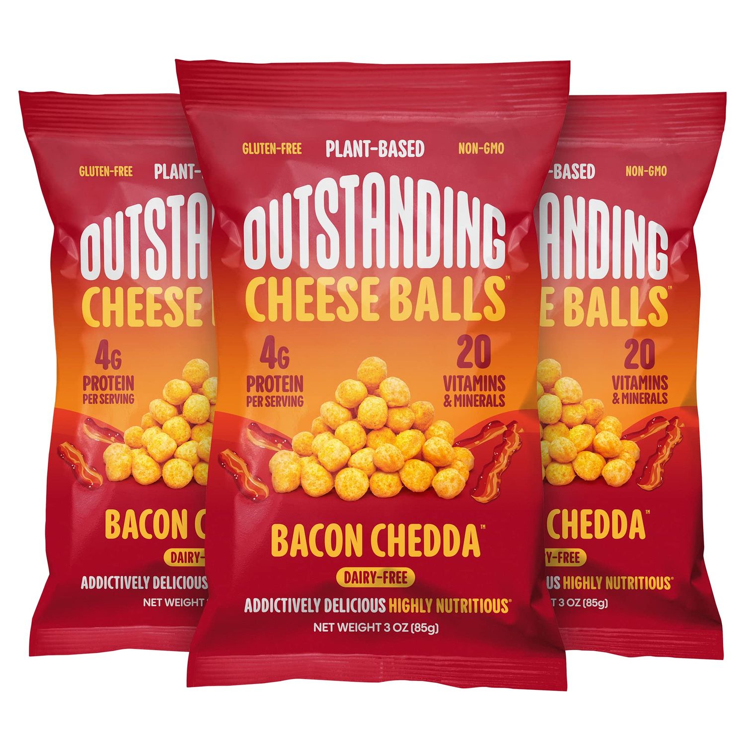 Outstanding Cheese Balls, Bacon Chedda, 3 oz (Pack of 3) - Dairy-Free, Non-GMO, 4g Protein, Plant Based, Gluten Free, Vegan, 20 Essential Vitamins &amp; Minerals (Crunchy Puffed Snacks)