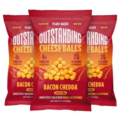Outstanding Cheese Balls, Bacon Chedda, 3 oz (Pack of 3) - Dairy-Free, Non-GMO, 4g Protein, Plant Based, Gluten Free, Vegan, 20 Essential Vitamins &amp; Minerals (Crunchy Puffed Snacks)