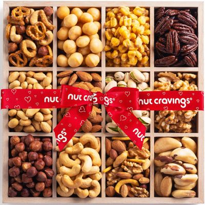 NUT CRAVINGS Gourmet Collection - Easter Treats, Mixed Nuts Gift Basket in Reusable Wooden Tray  Heart Ribbon (12 Assortments) Arrangement Platter, Healthy Kosher USA Made