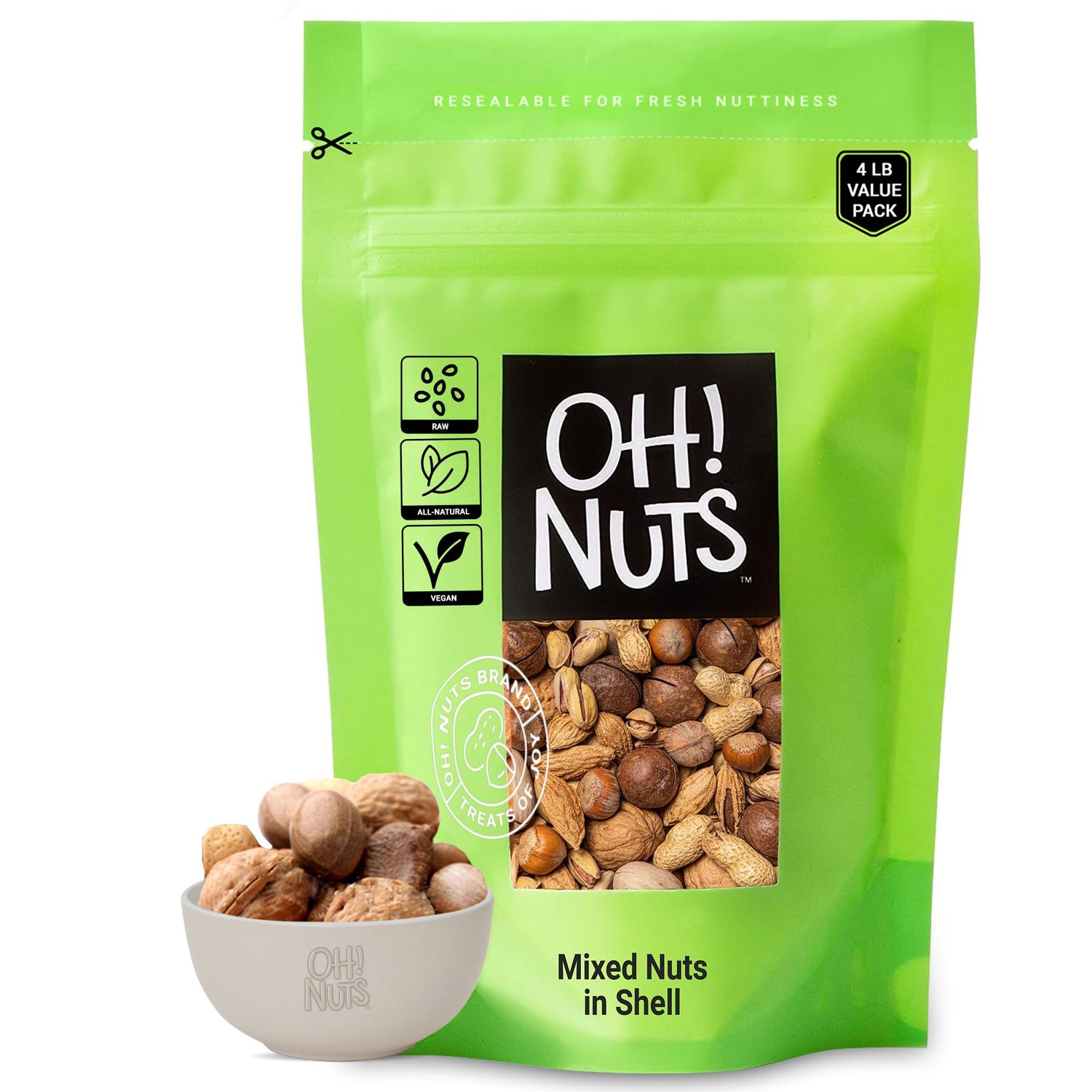 Mixed Nuts in Shell  Raw - 100% Natural  4 lb  Jumbo-Sized Premium Shelled Nuts  Packed in New York Zip-Seal Bag for Exceptional Freshness by Oh Nuts