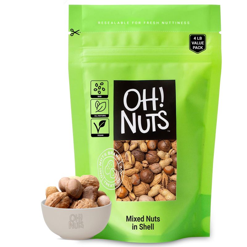 Mixed Nuts in Shell  Raw - 100% Natural  4 lb  Jumbo-Sized Premium Shelled Nuts  Packed in New York Zip-Seal Bag for Exceptional Freshness by Oh Nuts