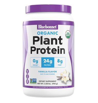 BlueBonnet Nutrition Organic Plant Protein Powder, 24g Plant Based Protein, Zero Sugar, 8g Fiber, USDA Organic, Non-GMO, Kosher, Gluten-Free, Soy-Free, Vegan, Vanilla Flavor, 21 Servings, 2.08 lbs