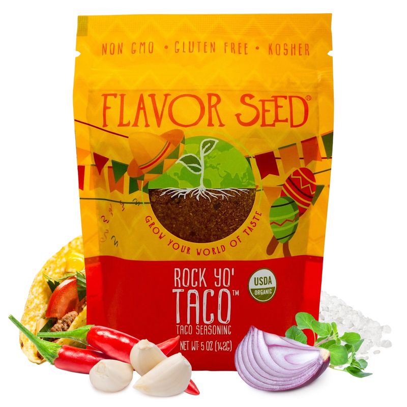 Flavor Seed Rock Yo Taco, Gluten Free Organic Taco Seasoning Mix, Mexican Seasoning, Popcorn Topping, Mild Gourmet Spice Blend for Cooking, Grilling, Dips &amp; Snacks, Sugar Free, 5 oz Resealable Pouch