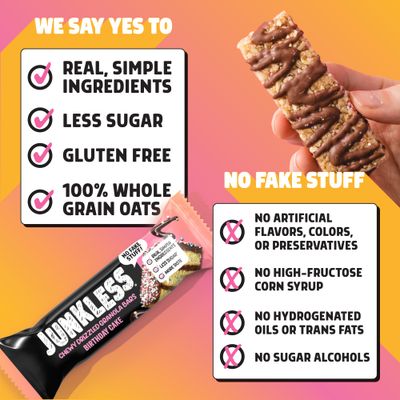 Junkless Chewy Drizzled Granola Bars 2-Flavor Variety Pack - Birthday Cake, Berries & Cream - Less Sugar, Great Tasting, Wholesome Snacks - Bulk Granola Bars - 1.1 oz. Bars, 4 Boxes