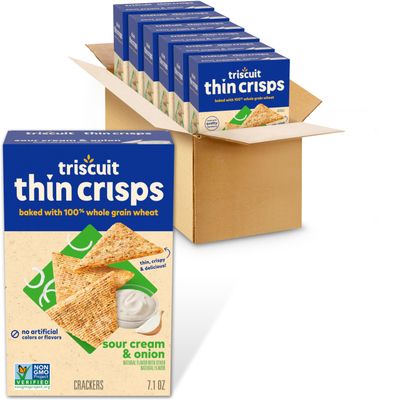 Triscuit Thin Crisps Sour Cream &amp; Onion Whole Grain Wheat Crackers, Lunch Snacks, Bulk Snack Crackers, 6-7.1 oz Boxes