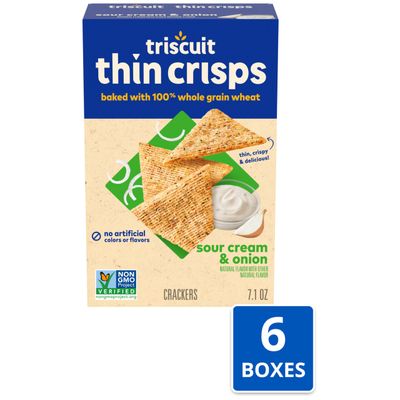 Triscuit Thin Crisps Sour Cream &amp; Onion Whole Grain Wheat Crackers, Lunch Snacks, Bulk Snack Crackers, 6-7.1 oz Boxes