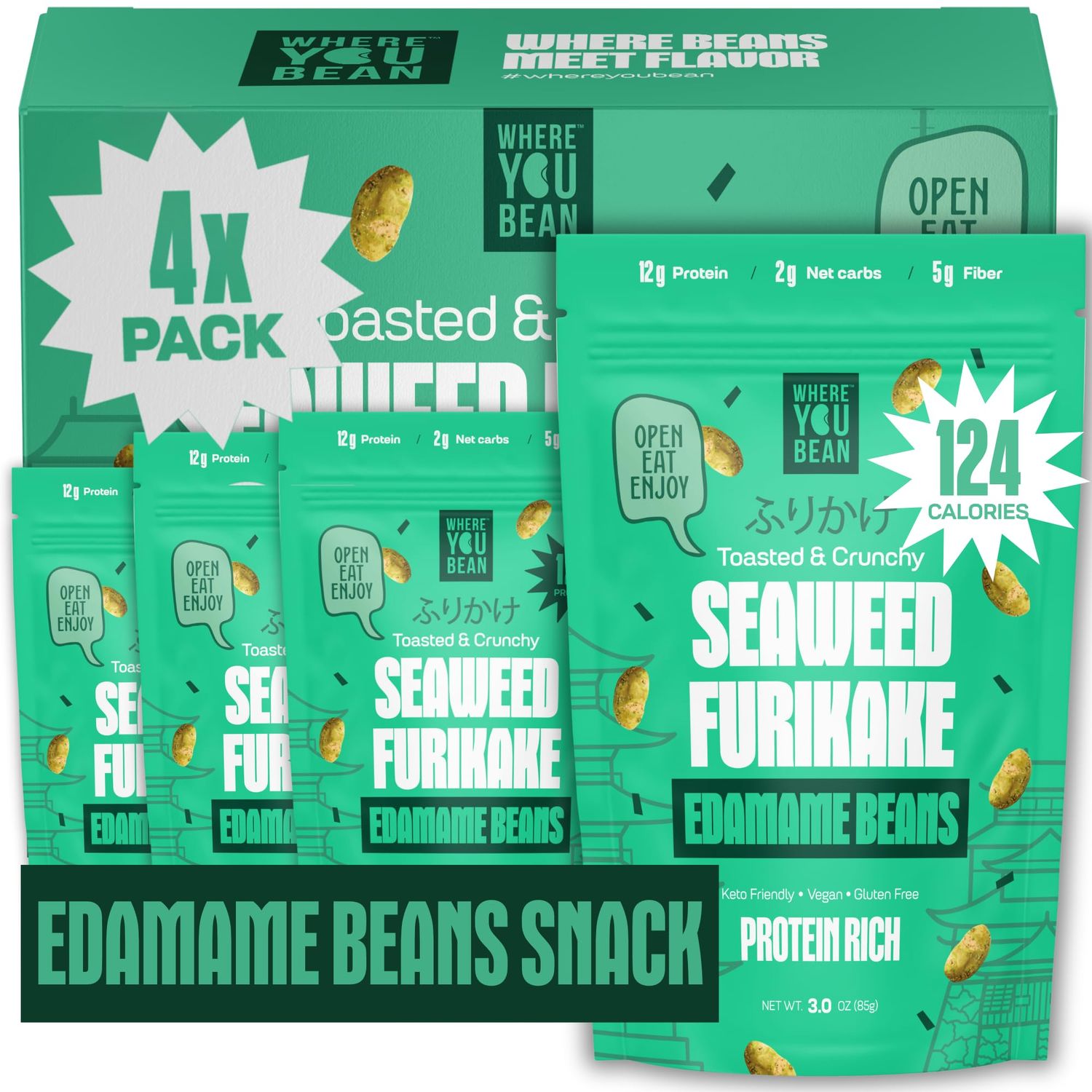 Where You Bean Edamame Beans Snack (Seaweed Furikake) - Crunchy and Dry Roasted Edamame Beans - High Protein Snacks, Keto and Vegan Healthy Snacks for Adults &amp; Low Carb Asian Snack 3 oz (Pack of 4)